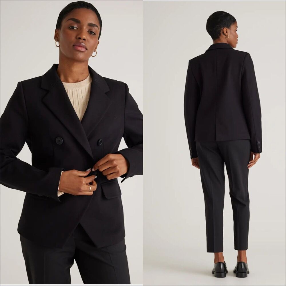 Quince Ultra Stretch Ponte Double Breasted Blazer Size Medium Black Minimalist